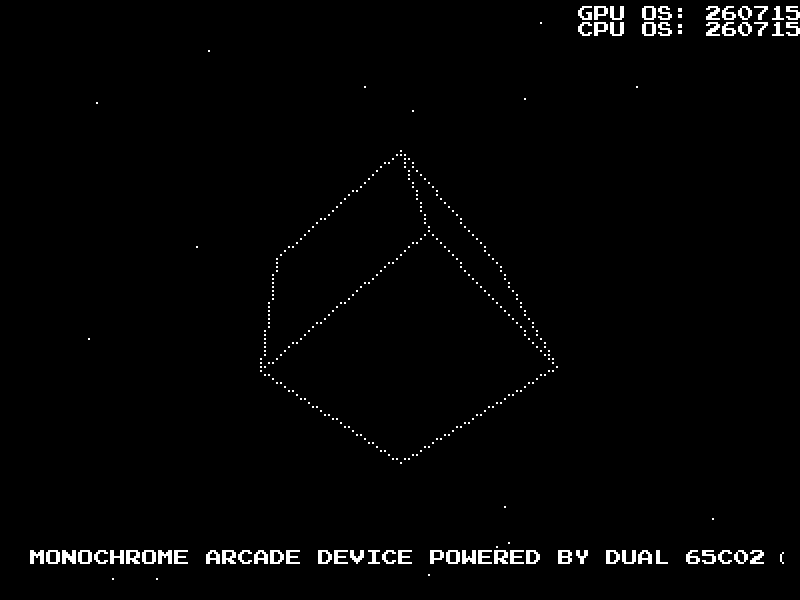 MAD-65 diagnostic demo: a wireframe cube rotating over a starfield, with both ROM build dates in the corner